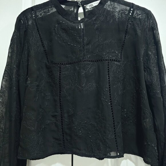 Nwt Zara - XL  Laurie Sheer Long sleeves  Embroidery Sheer Blouse - Black - Picture 5 of 7